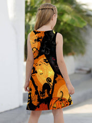 Girls Pumpkin & Ghost Sleeveless Dress Round Neck Halloween Casual Dress