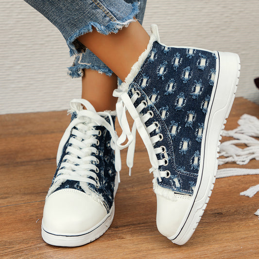 Ripped Denim High Top Lace Up Board Shoes Outdoor Sneakers