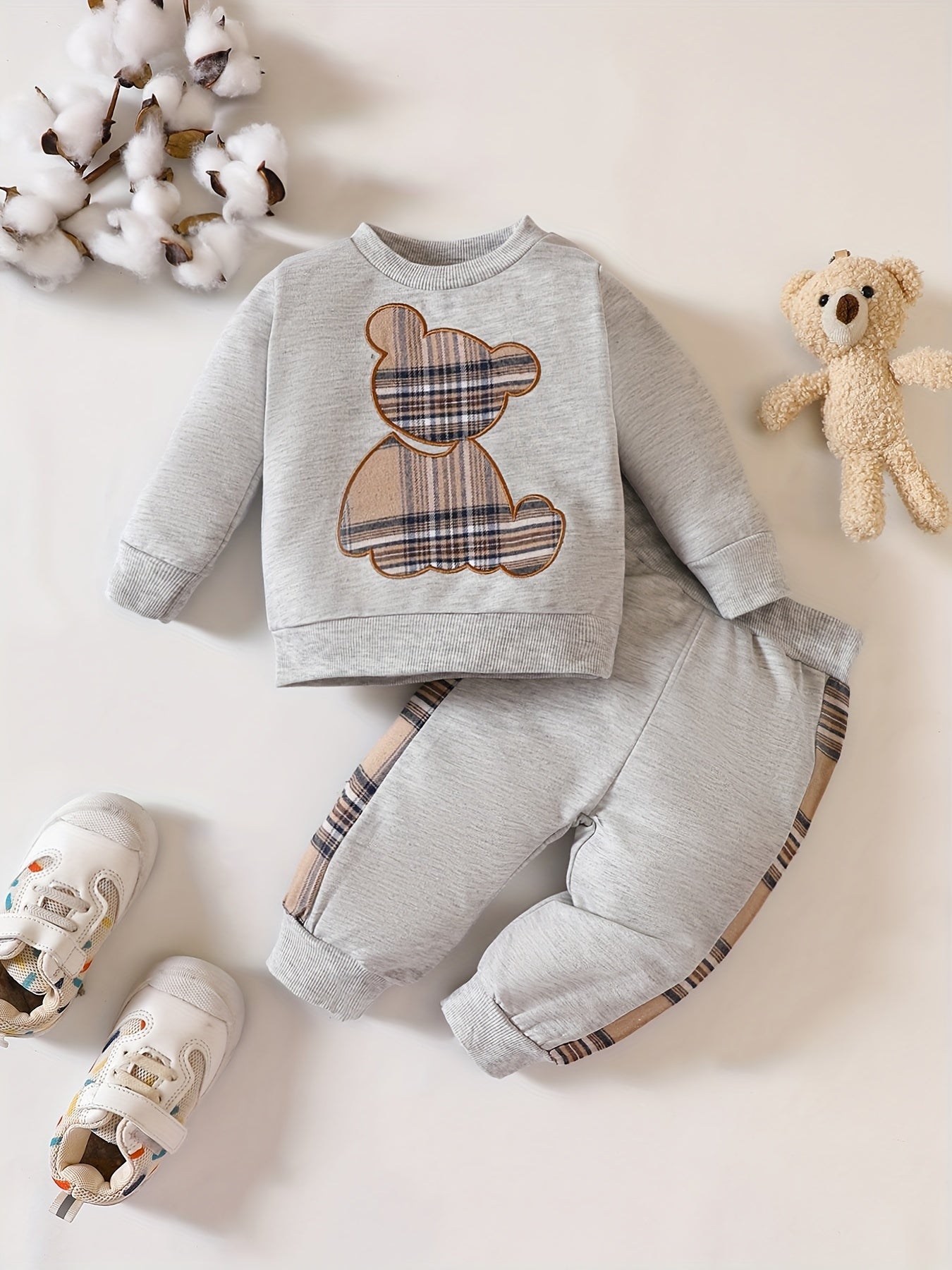 Baby Plaid Bear Embroidery Set Sweatshirt Tops Pants