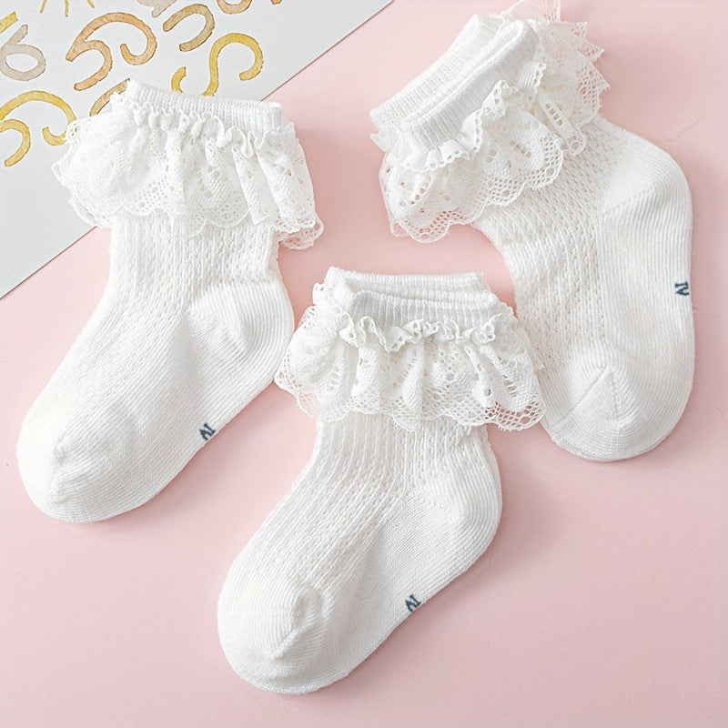 3 Pairs Lace Trim Socks for Baby Girls - Breathable & Comfortable