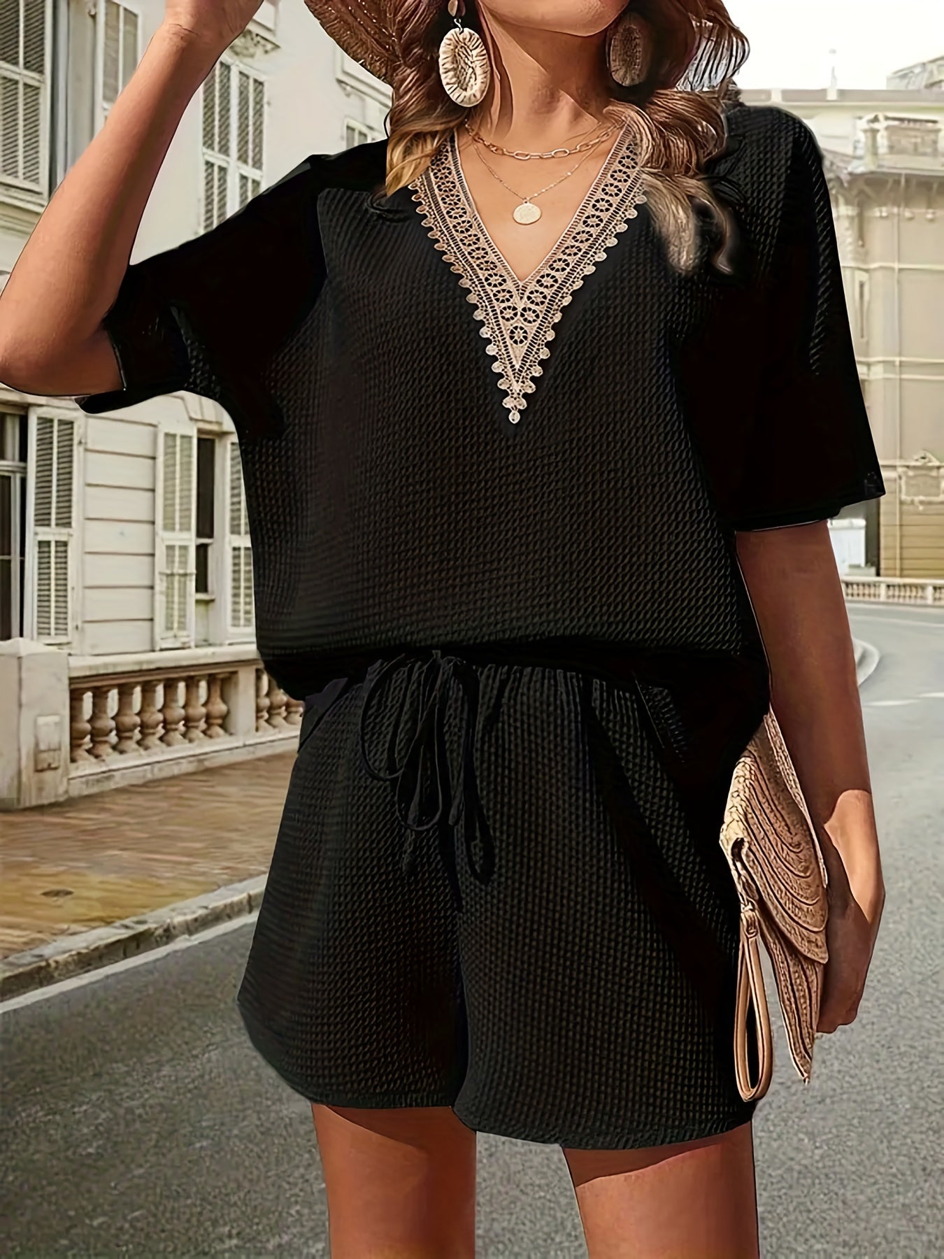 Lace V Neck Top & Drawstring Shorts Set