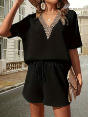 Lace V Neck Top & Drawstring Shorts Set