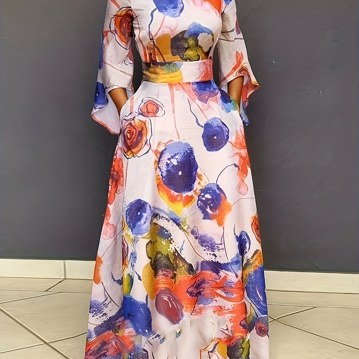  Random Print Nipped Waist Bell Sleeve Maxi Dress