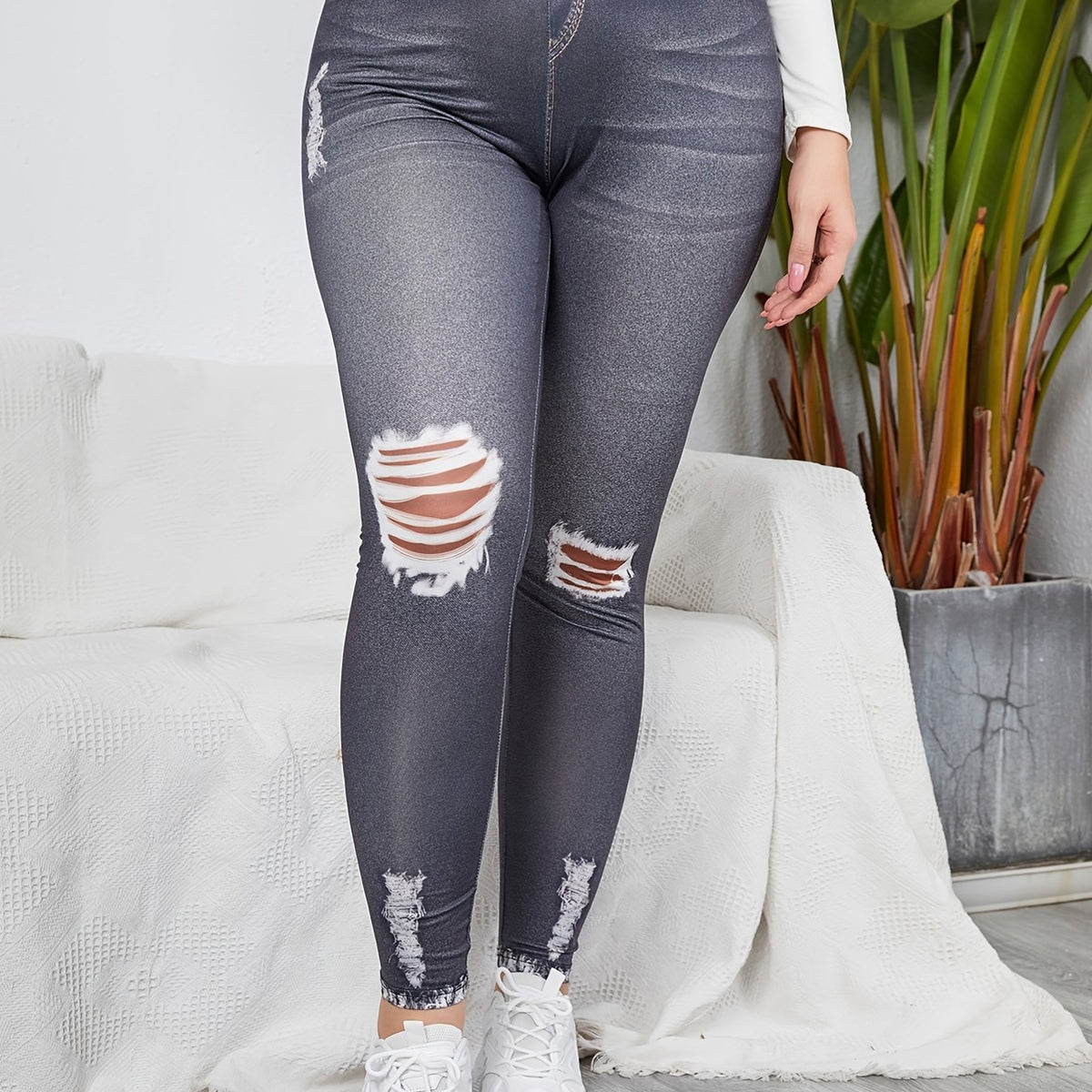  3D Denim Ripped Print Leggings Women's Plus High Rise Medium Stretch