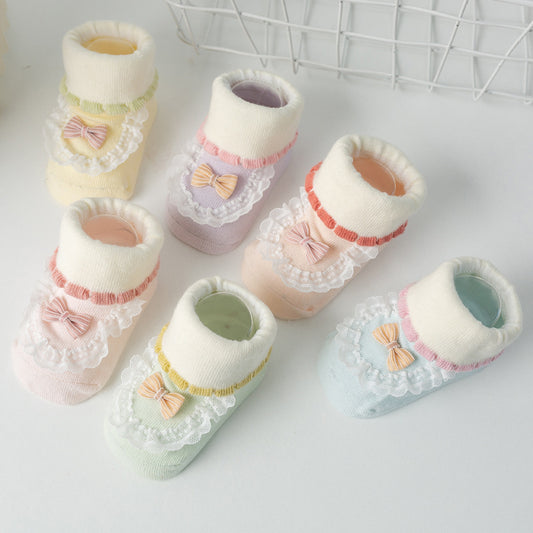 2 Pairs Baby Girls Floor Socks with Cartoon Pattern Lace Bowknot