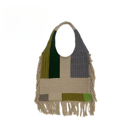 Colorblock Knitted Hobo Bag Large Capacity Retro Shoulder Bag Women's Casual Han