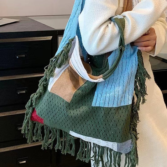 Colorblock Knitted Hobo Bag Large Capacity Retro Shoulder Bag Women's Casual Han