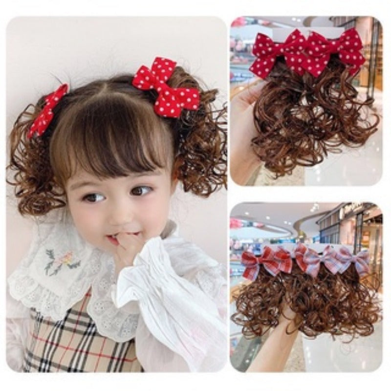 2pcs Curly Wig With Bow Hairpins for Girls