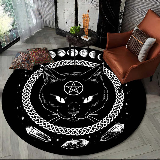 Cat Round Area Rug Moon Phase Carpet Witchy Decor Soft Non Slip