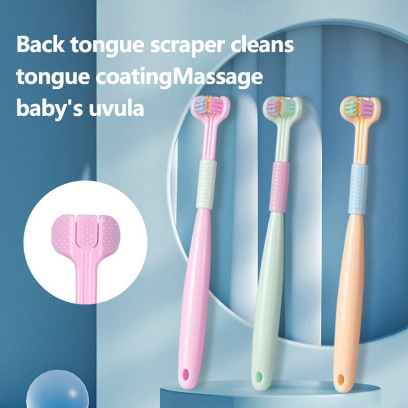 Kids 3-Sided Toothbrush Soft Bristle Deep Oral Cleaning Tongue Scraper Oral Care