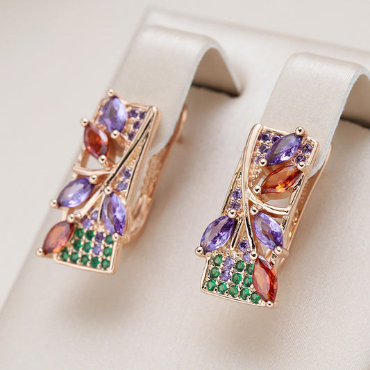 Golden Flower Drop Earrings with Colorful Zircon