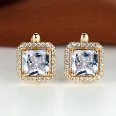 Square Green Zircon Stud Earrings Golden Bride Wedding Jewelry