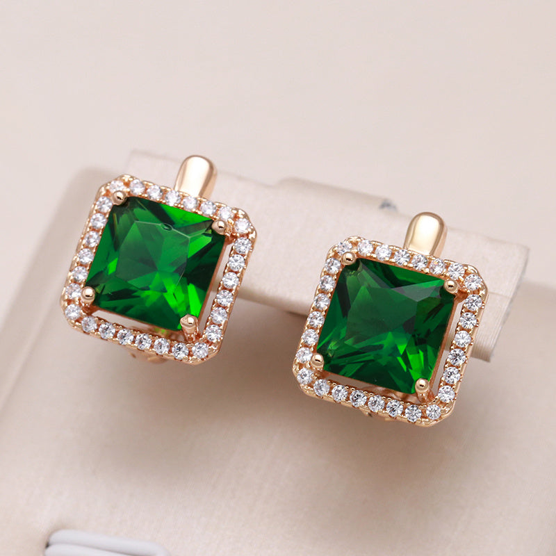 Square Green Zircon Stud Earrings Golden Bride Wedding Jewelry