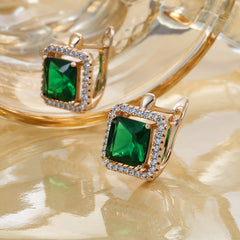 Square Green Zircon Stud Earrings Golden Bride Wedding Jewelry