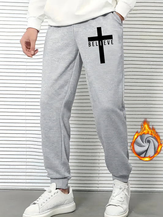 Men's Believe & Cross Print Sweatpants Drawstring Joggers For Fall Winter