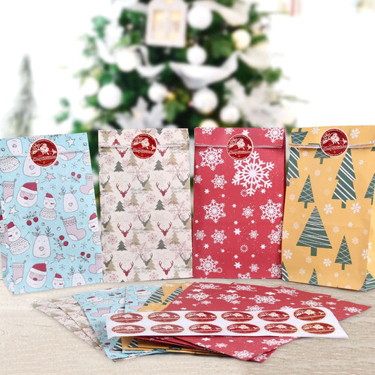 12pcs Merry Christmas Paper Bag Snowflake Christmas Tree Elk Gift Wrap Bag