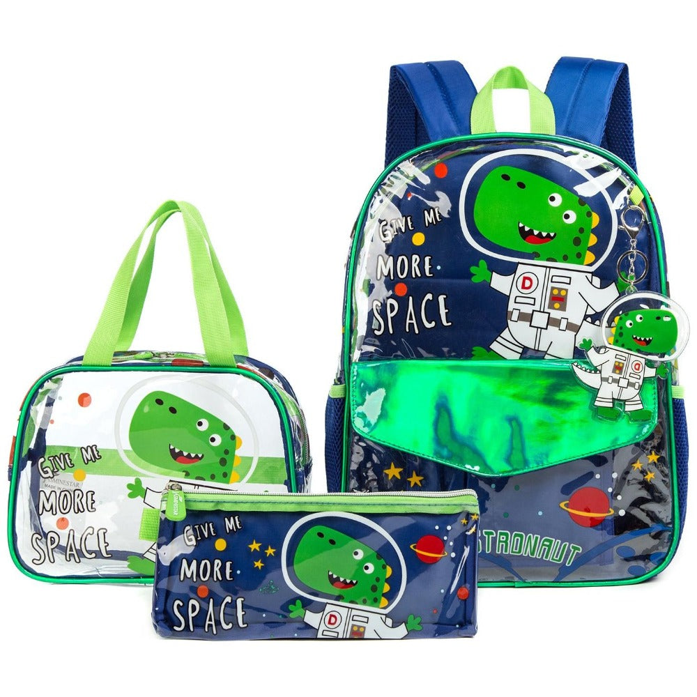 Kids Transparent Dinosaur Backpack Set with Lunch Bag & Pencil Case