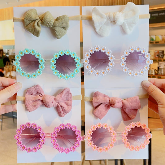 Kids Bowknot Hairband & Flower Sunglasses Set