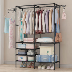 Double Row Coat Rack Wrought Iron Storage Floor Clothes Hanger