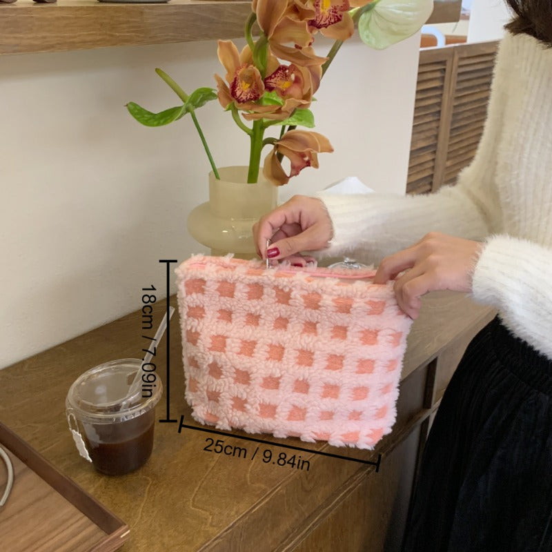 Waffle Plush Cosmetic Bag Large Capacity Travel Toiletry Storage Pouch