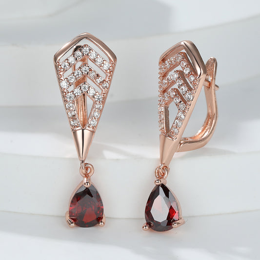 Water Drop Red Zircon Dangle Earrings Golden Bride Wedding Earrings