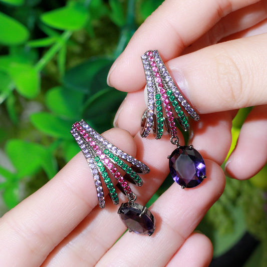 Purple Zircon Dangle Earrings Vintage Golden Bridal Wedding Jewelry