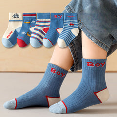 5 Pairs Boys Cartoon Car Crew Socks for Spring Autumn