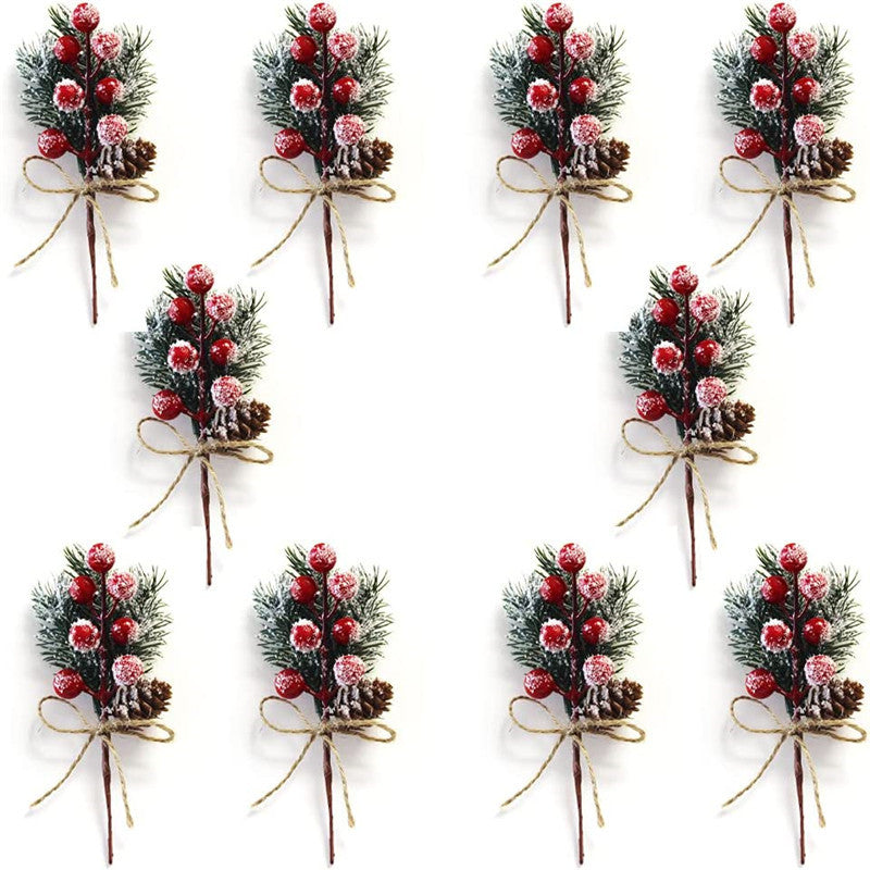 Christmas Artificial Pine Branch with Berries & Holly, Xmas Tree Ornament Gift