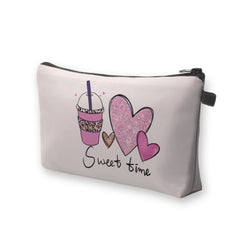 Coffee Heart Cosmetic Bag Sweet Time Letter Print Small Makeup Organizer