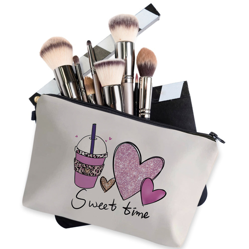Coffee Heart Cosmetic Bag Sweet Time Letter Print Small Makeup Organizer