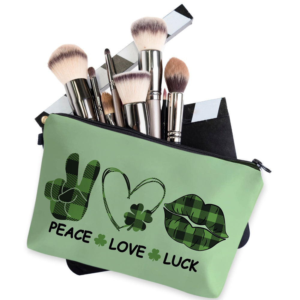 Peace Love Luck Makeup Bag Heart Lip Clover Pattern Cosmetic Bag