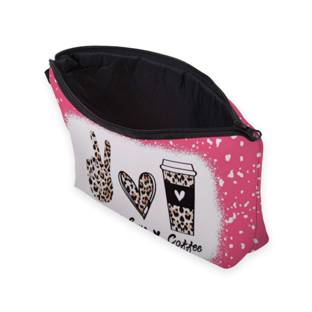 Leopard Heart Coffee Cosmetic Bag Travel Toiletry Pouch