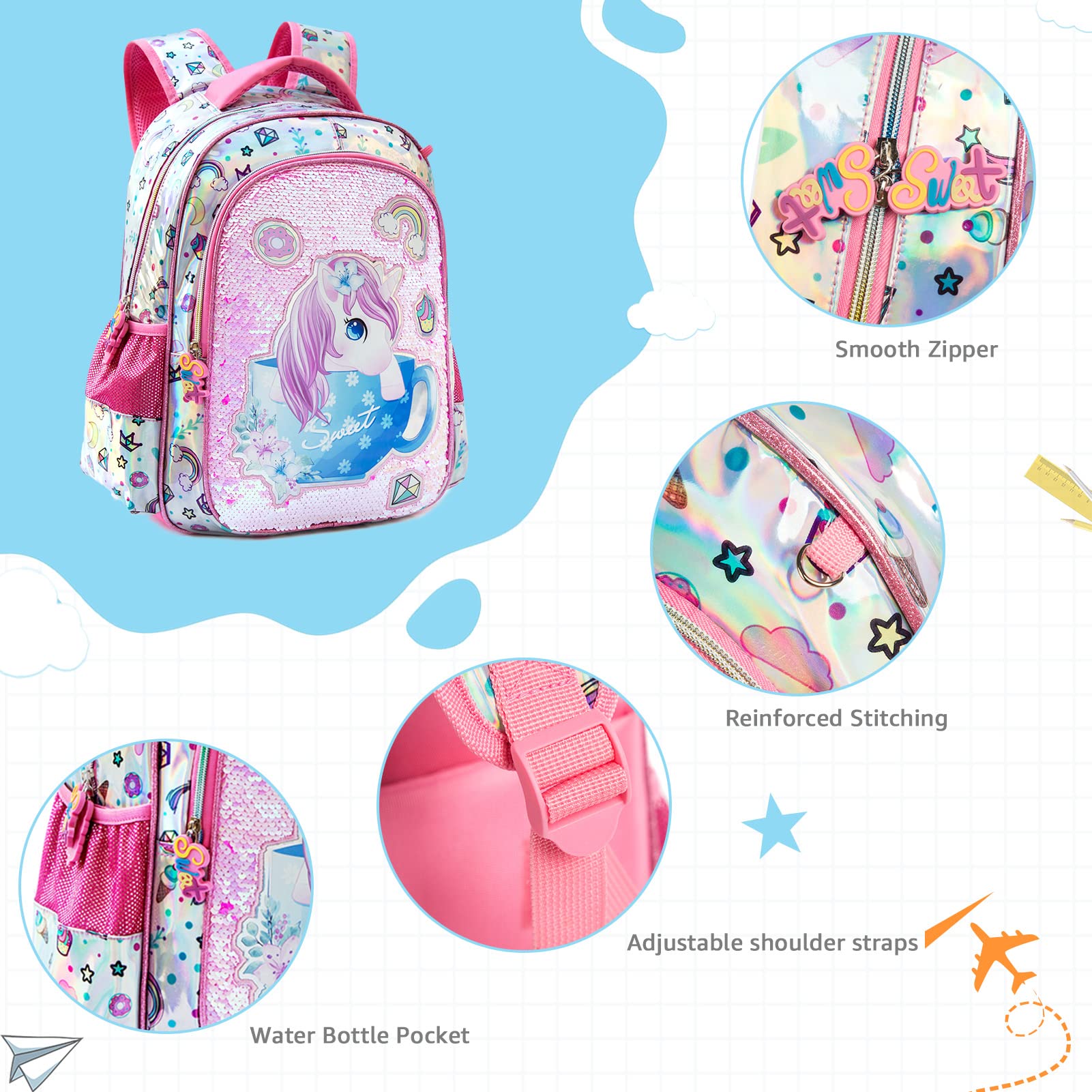 Girls Sequin School Backpack with Pencil Case