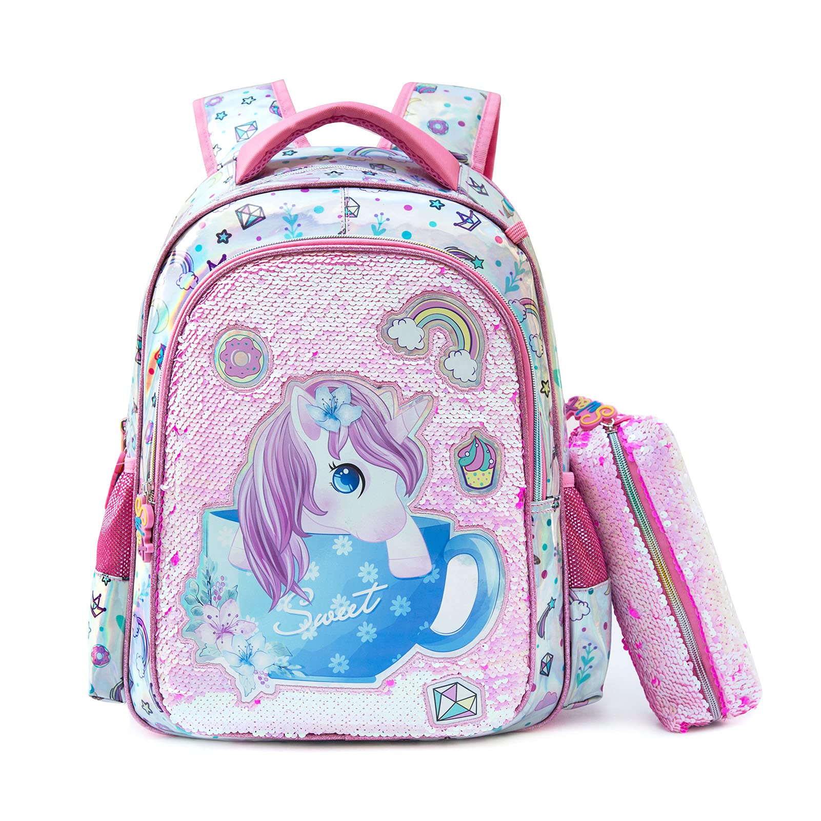 Girls Sequin School Backpack with Pencil Case