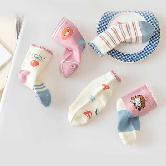 5 Pairs Cartoon Pattern Crew Socks for Baby Girls - Autumn Winter