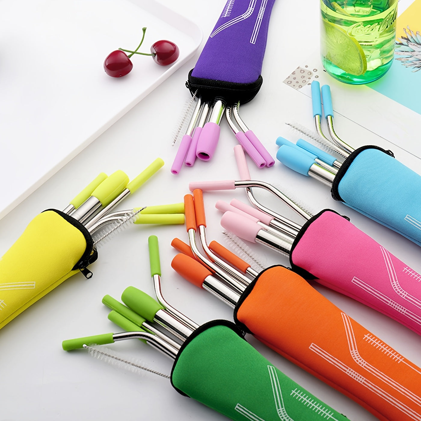 5pcs Stainless Steel Reusable Straws Set with Silicone Tips, Bent and Straight