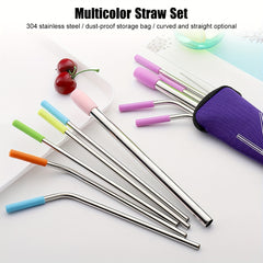 5pcs Stainless Steel Reusable Straws Set with Silicone Tips, Bent and Straight