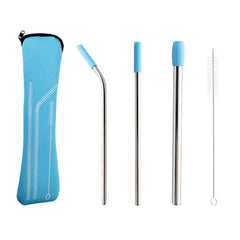5pcs Stainless Steel Reusable Straws Set with Silicone Tips, Bent and Straight