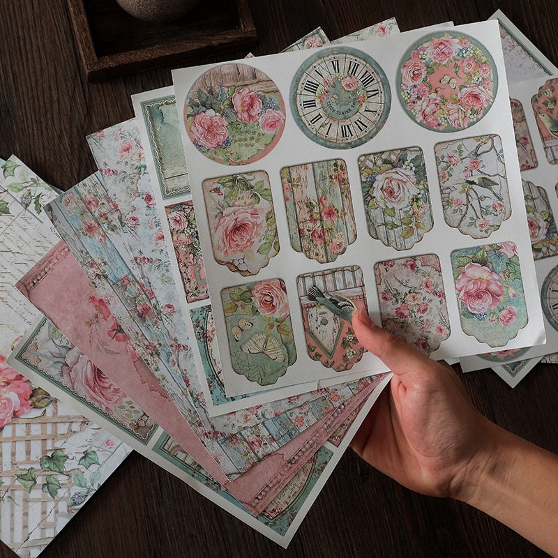 12pcs Large Size Retro Flowers Journal Paper for DIY Background, Gift