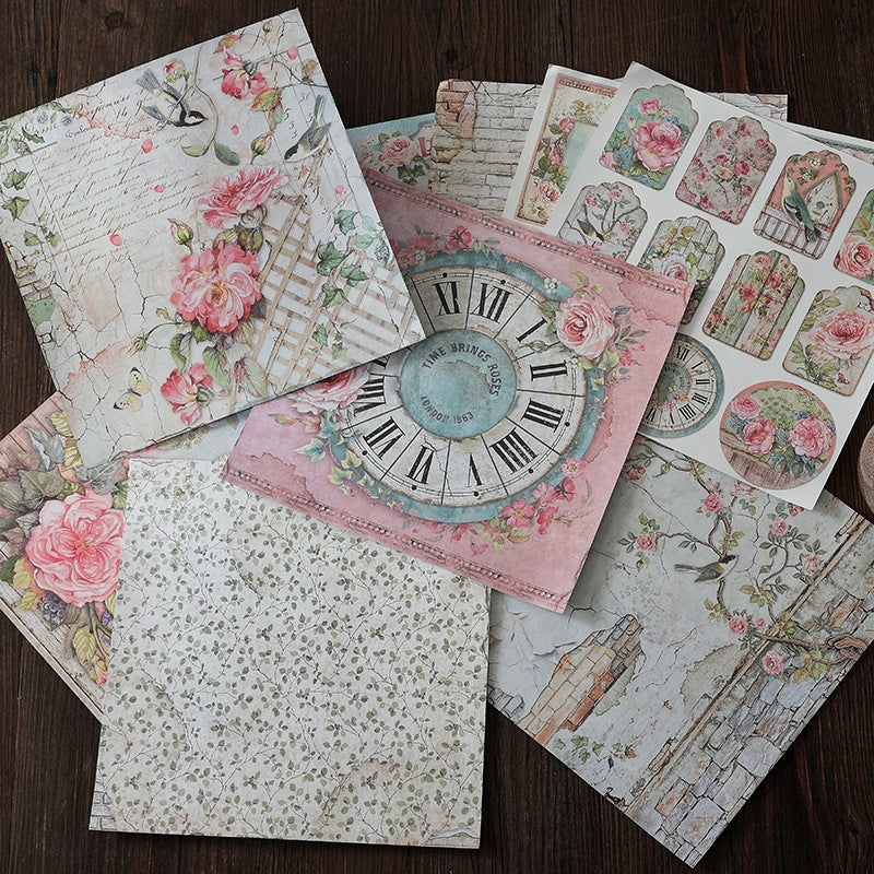 12pcs Large Size Retro Flowers Journal Paper for DIY Background, Gift