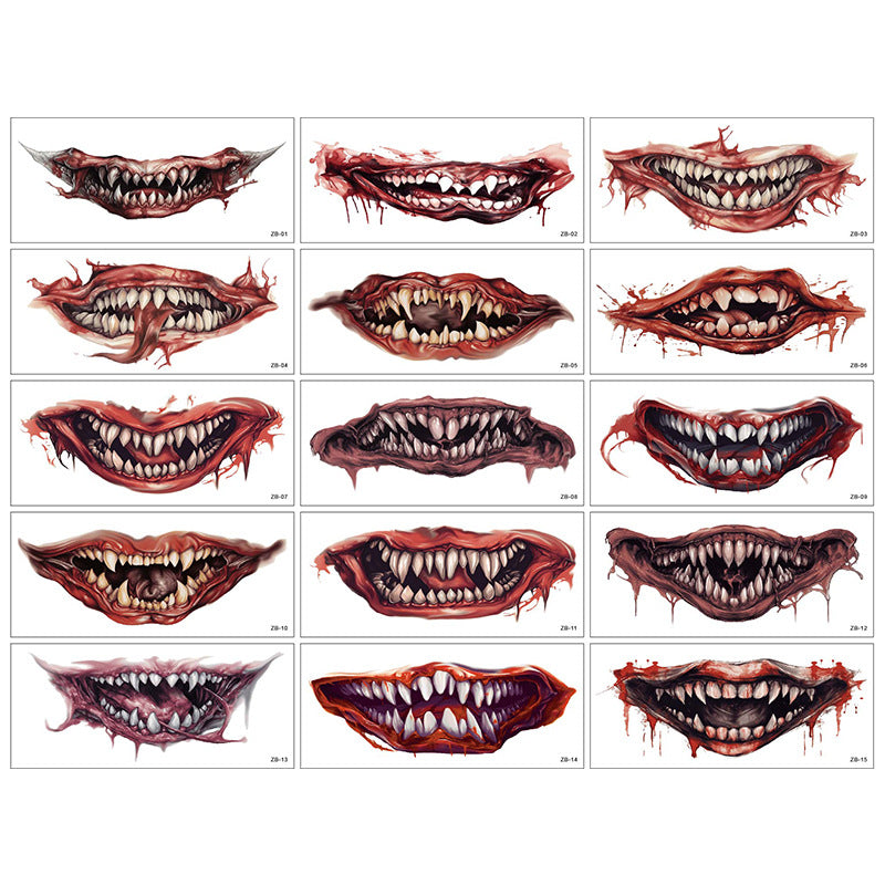 15pc Halloween Prank Makeup Temporary Tattoos Horror Mouth Stickers Role Playing