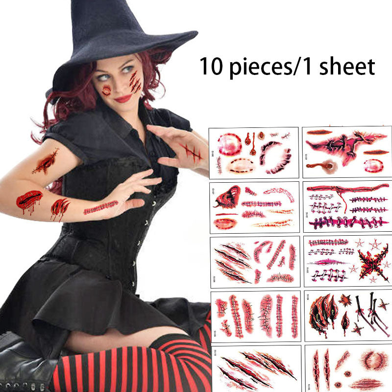 10pcs Halloween Scar Tattoo Stickers Waterproof Party Makeup Facial Stickers