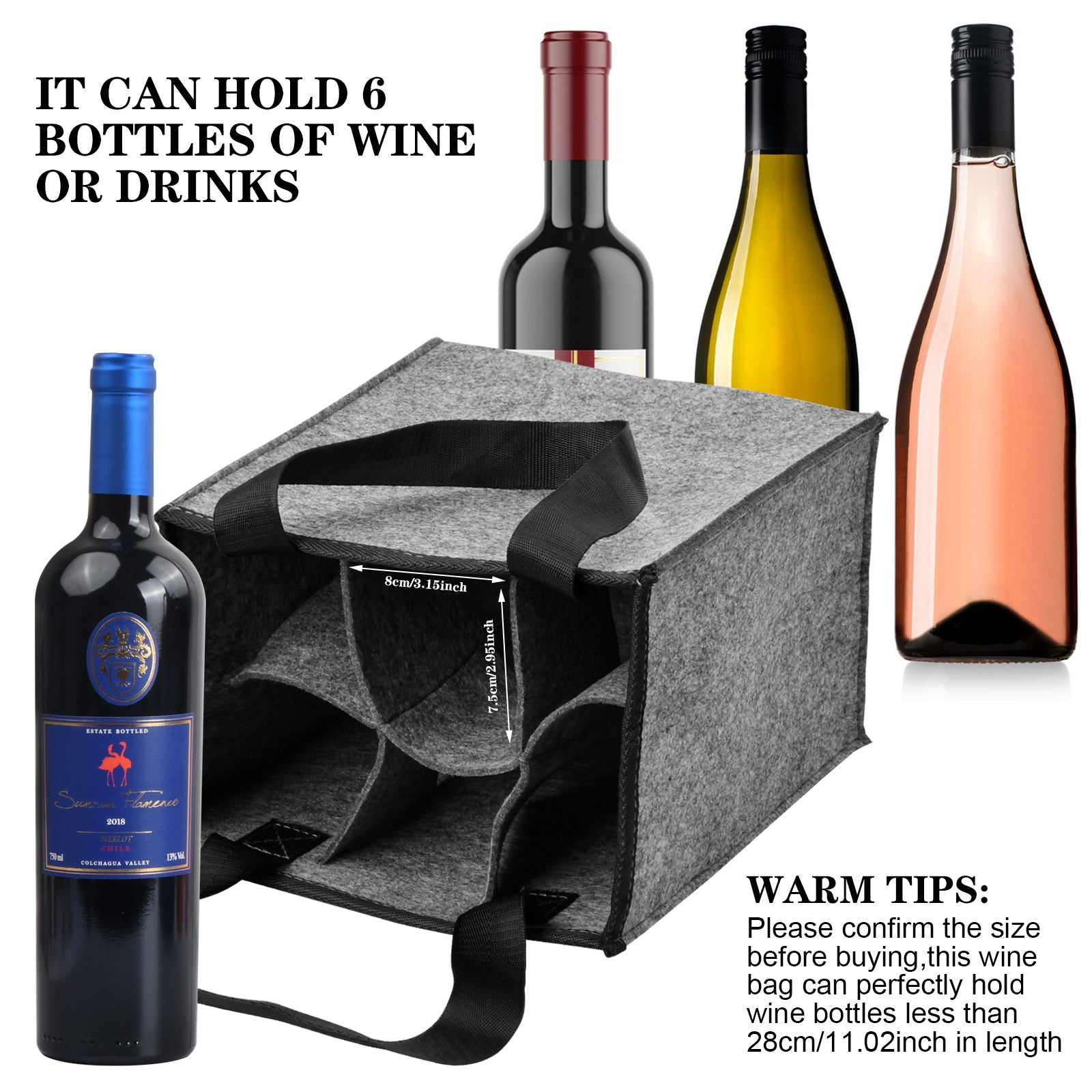 Felt Wine Tote Bag For 6 Bottles - Reusable Wine Bottle Carrier