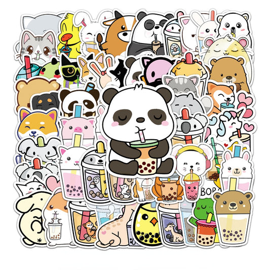 50pcs Animal Drinking Milk Tea Series Waterproof Graffiti Stickers