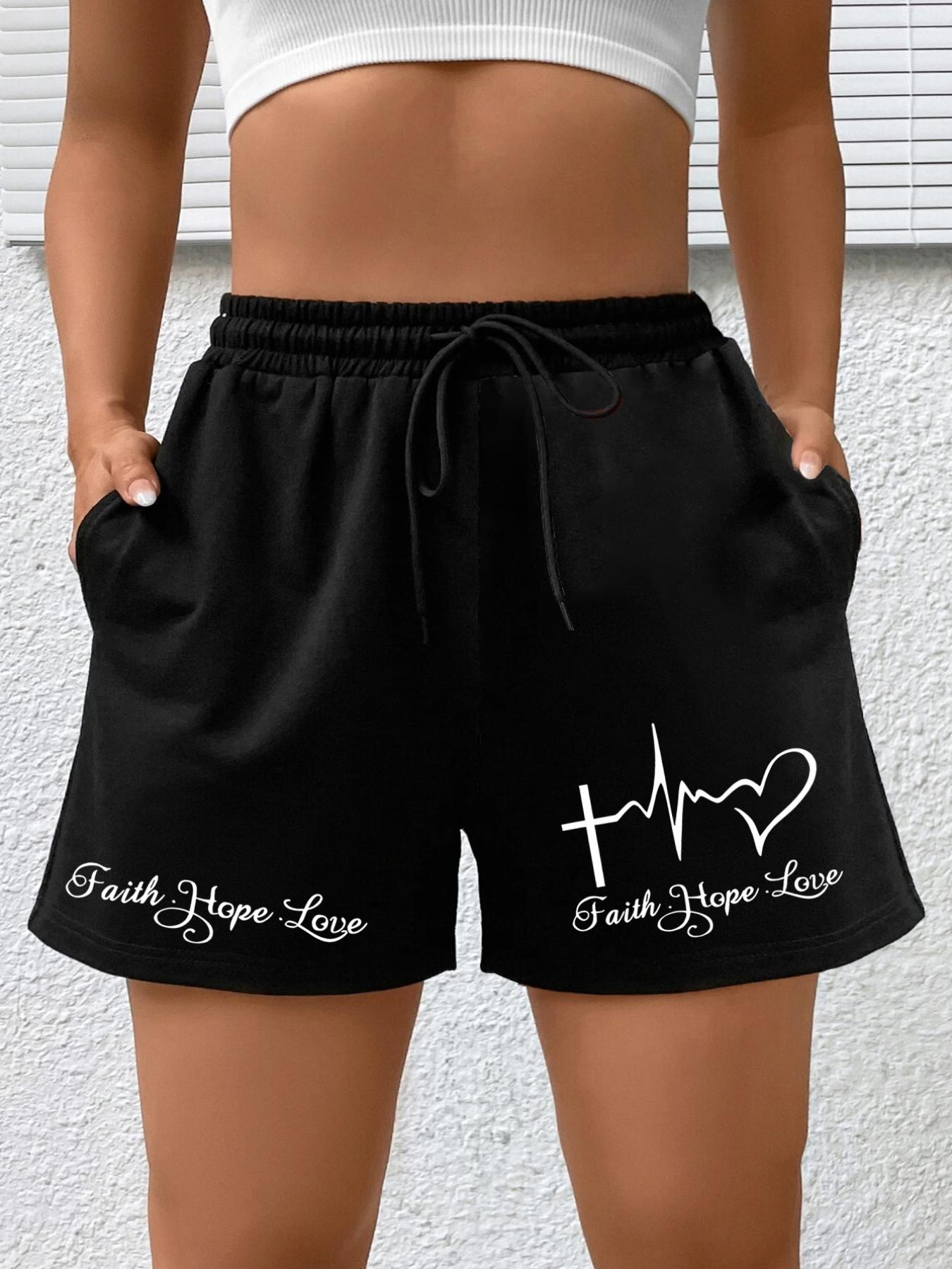  Heart & Letter Print High Rise Shorts With Pockets