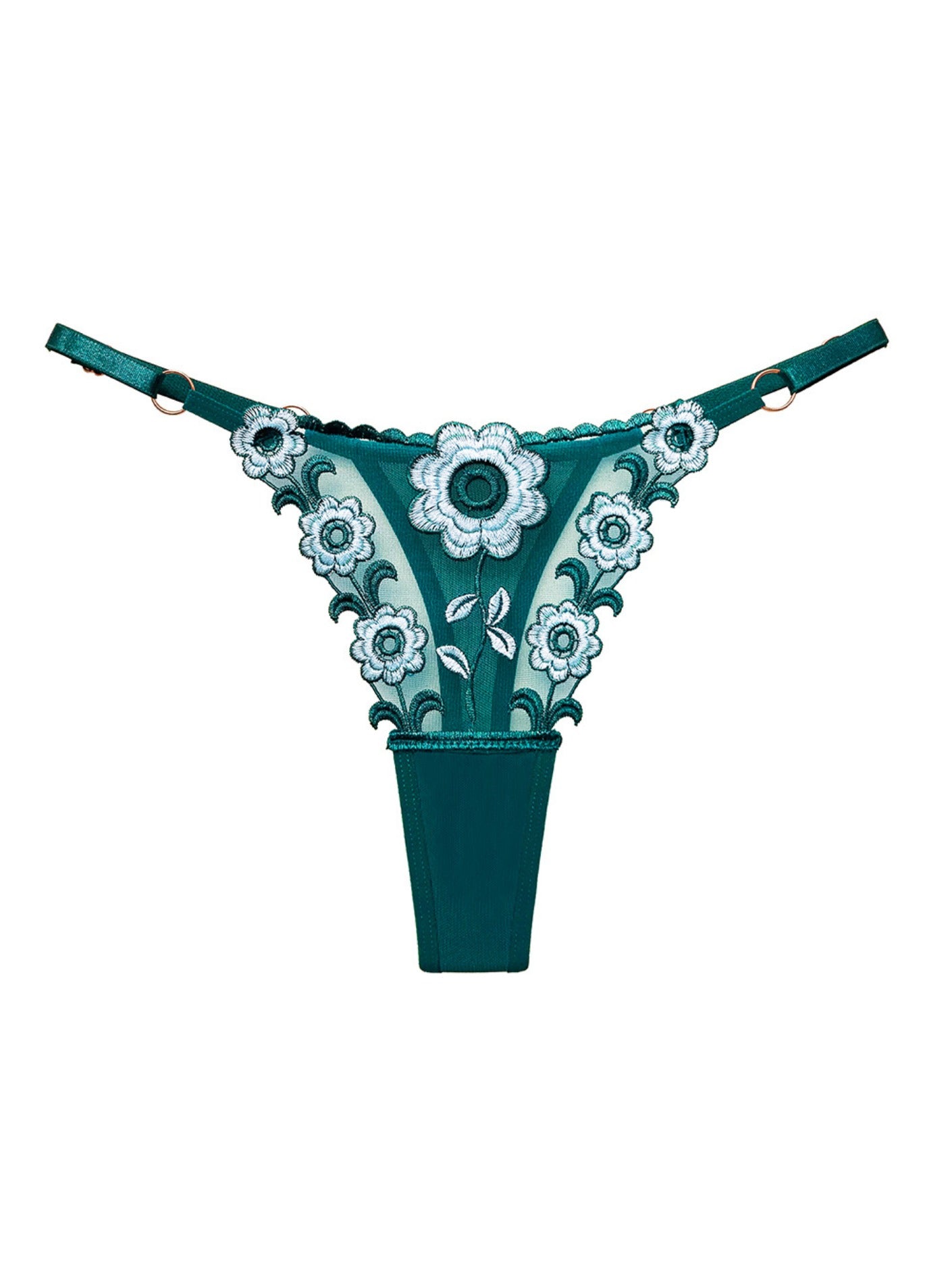 Floral Embroidery Mesh Thongs Colorblock Panties