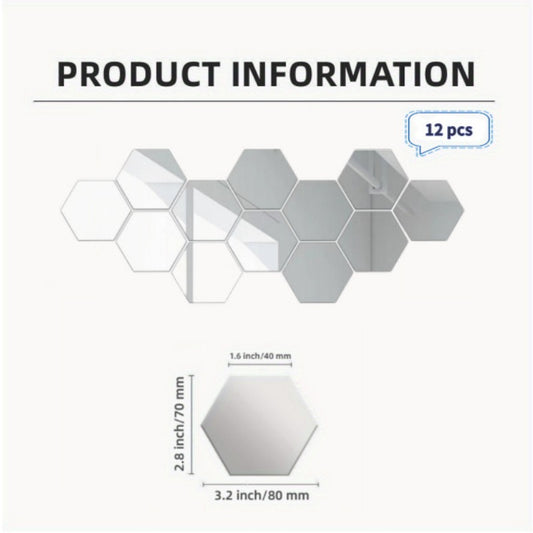 12pcs 3D Hexagon Mirror Wall Stickers Self-adhesive Acrylic Home Decor