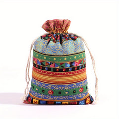 2pcs Egyptian Pattern Linen Gift Bags Burlap Drawstring Storage Christmas