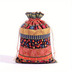 2pcs Egyptian Pattern Linen Gift Bags Burlap Drawstring Storage Christmas