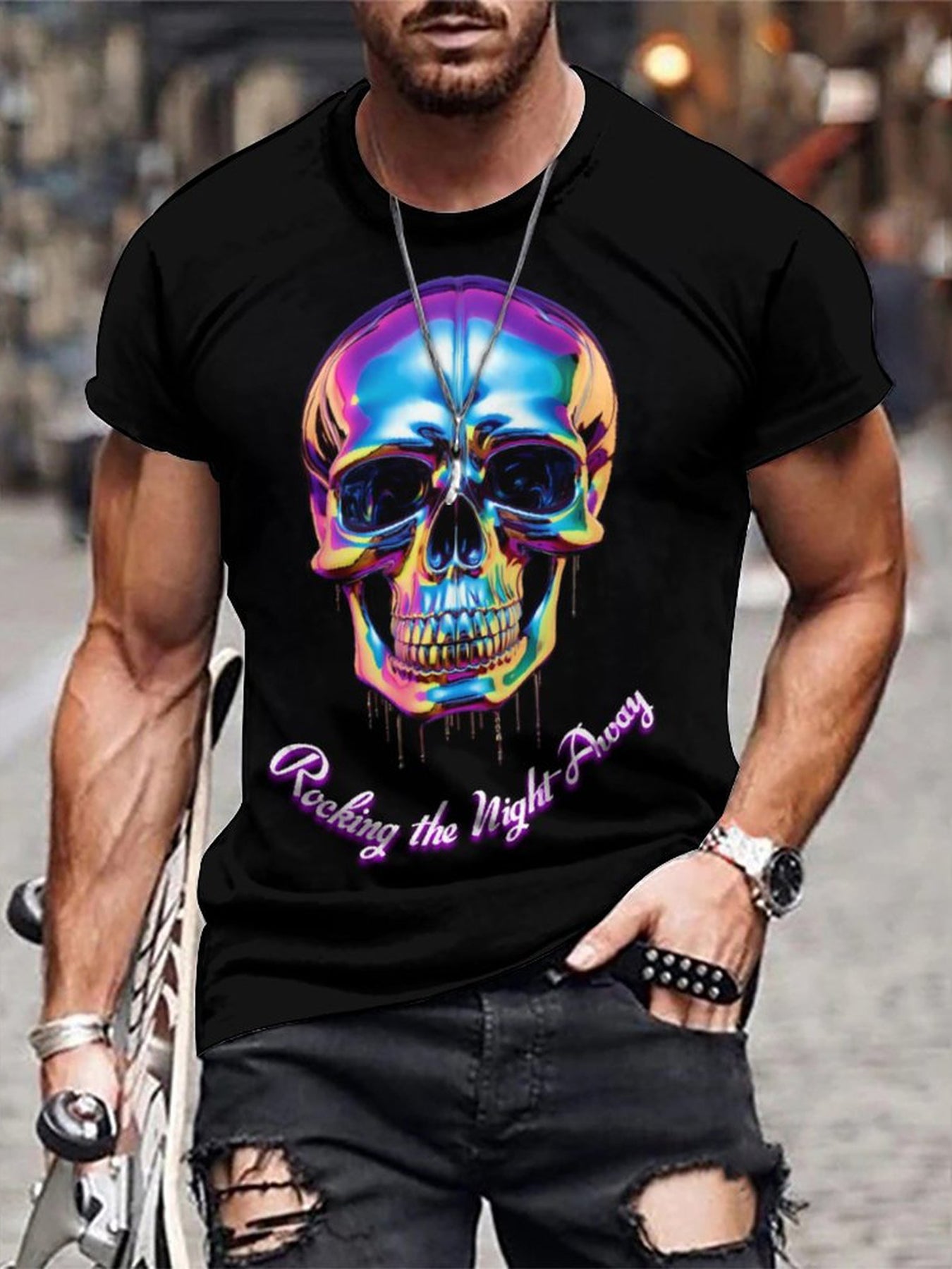 Men's Iridescent Skull Graphic T-shirt Stretch Breathable Tee Summer